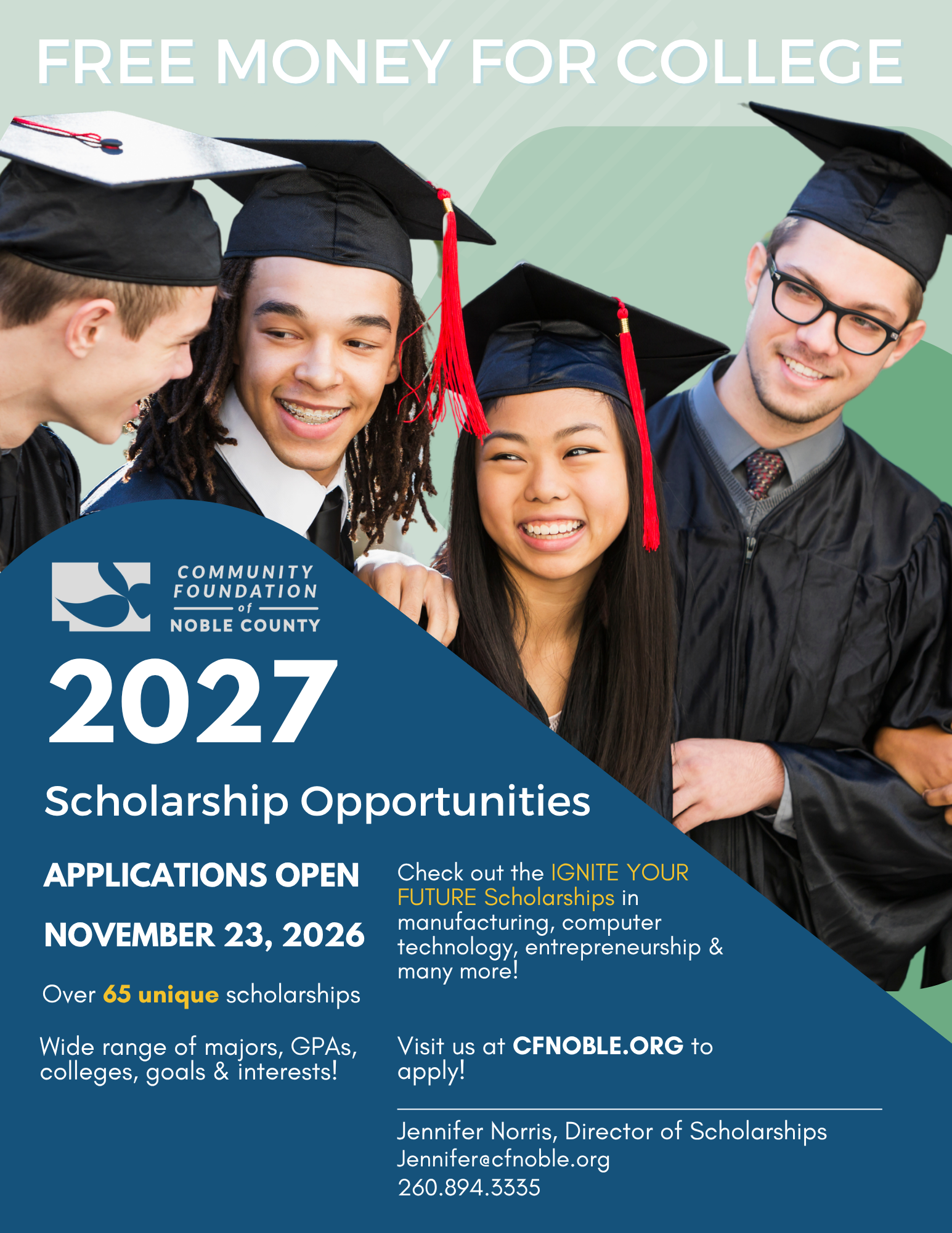 Community Foundation Noble County offers scholarships and grants for Noble County, Kendallville, Ligonier, Albion, Avilla, Rome City, Cromwell, Wolcottville students. Apply for 2027 opportunities now.